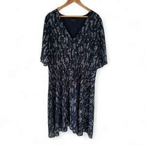Eloquii dress Navy White Metallic Silver Feather Print midi size 20